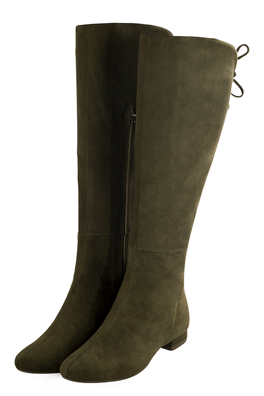 Khaki green women's knee-high boots, with laces at the back. Round toe. Flat block heels. Made to measure. Front view - Florence KOOIJMAN